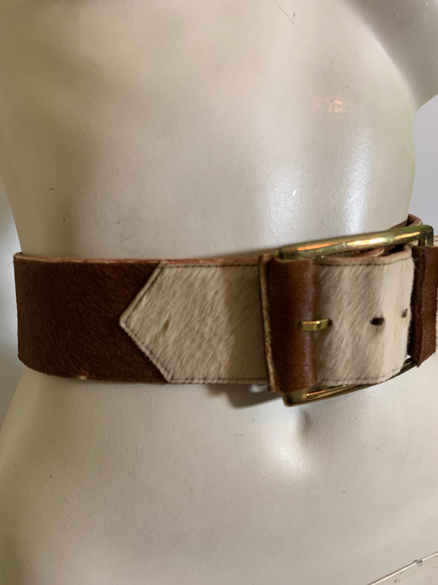 Brown and White Cowhide Wide Leather Belt circa 1970s
