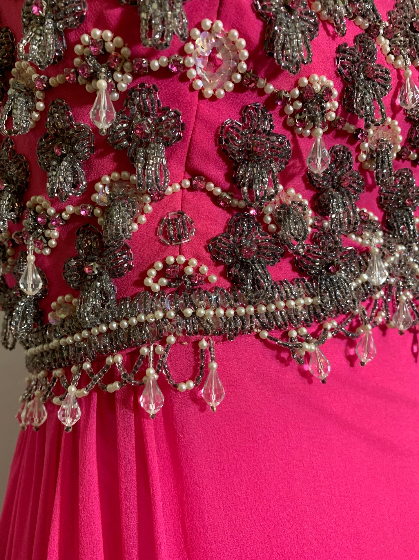 Shocking Pink Empire Waist Beaded Silk Chiffon Dress circa 1960s