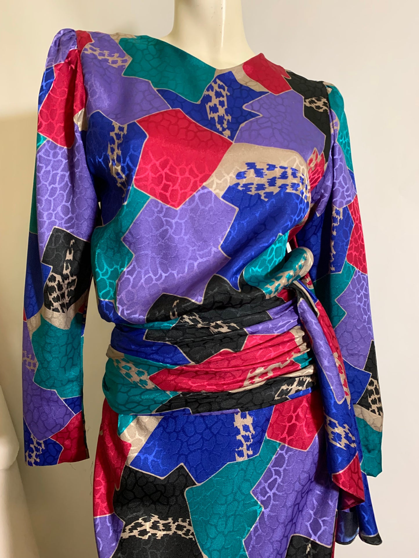 Black and Bright Colors Abstract Print Blouson Bodice Dress circa 1980s