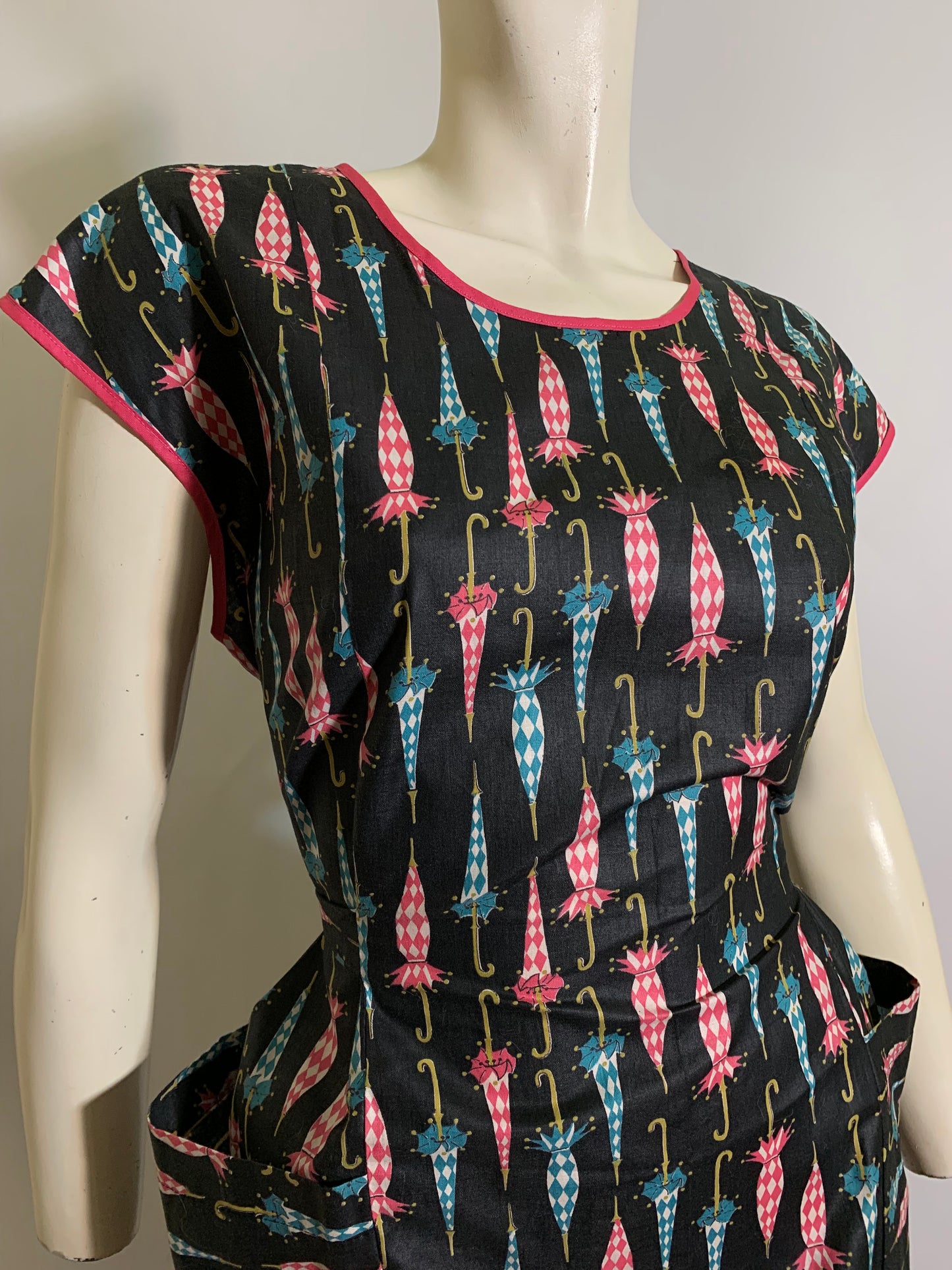 Darling Umbrella Print Open Back Smock Waist Tie circa 1960s
