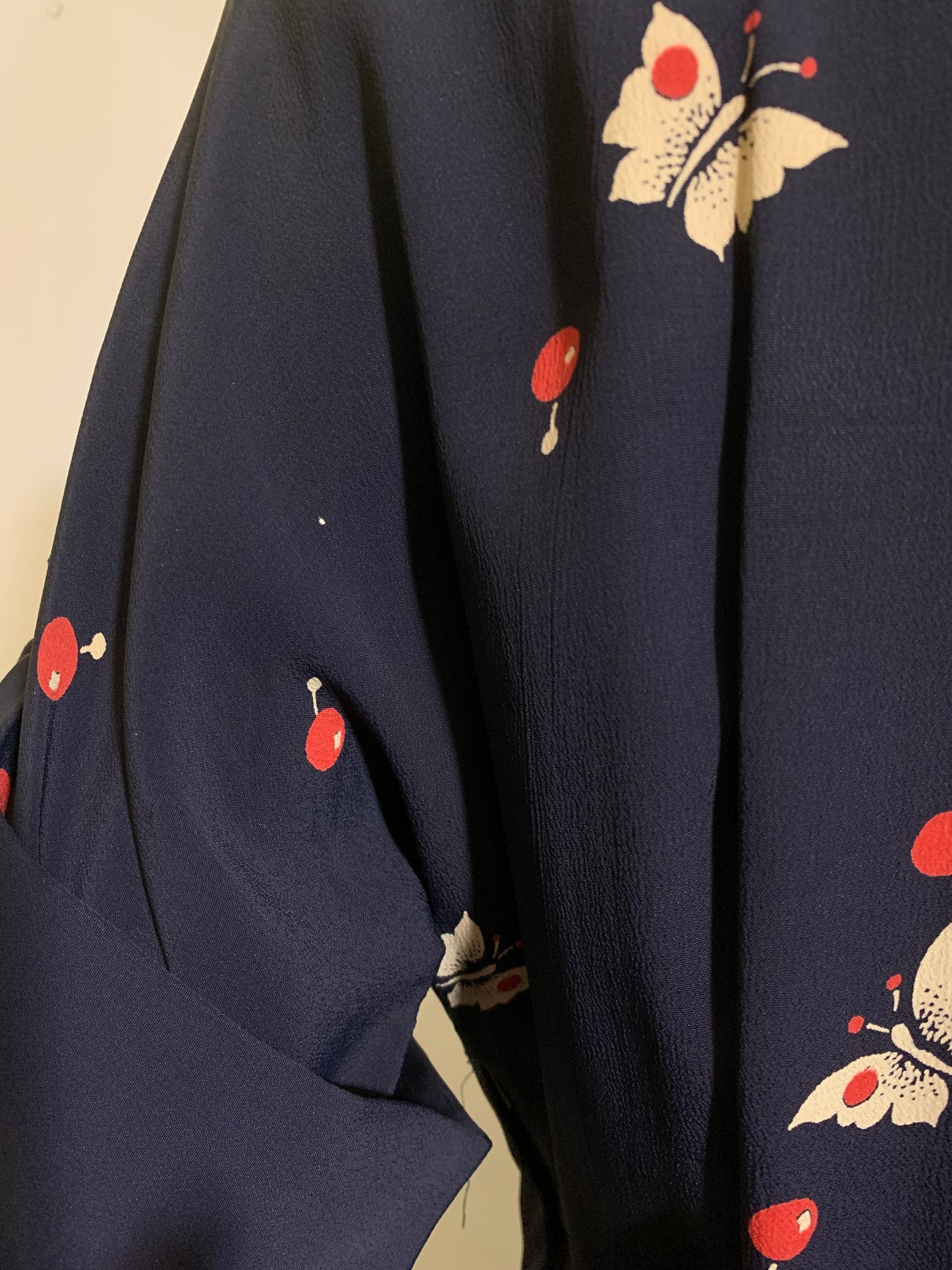 Currants and Butterflies! Deep Blue Rayon Surplice Bodice Dress circa 1940s