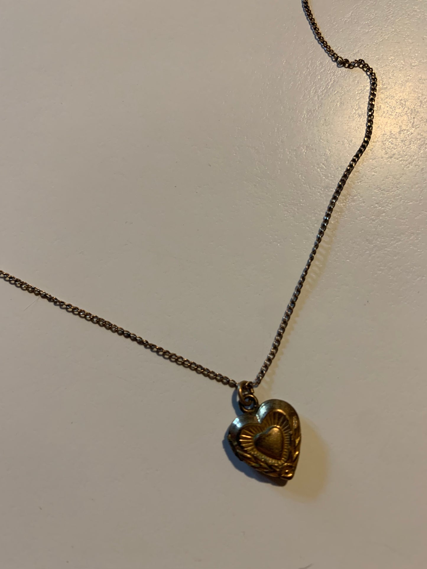 Diminutive Etched Heart Locket on Fine Golden Chain Necklace circa 1950s
