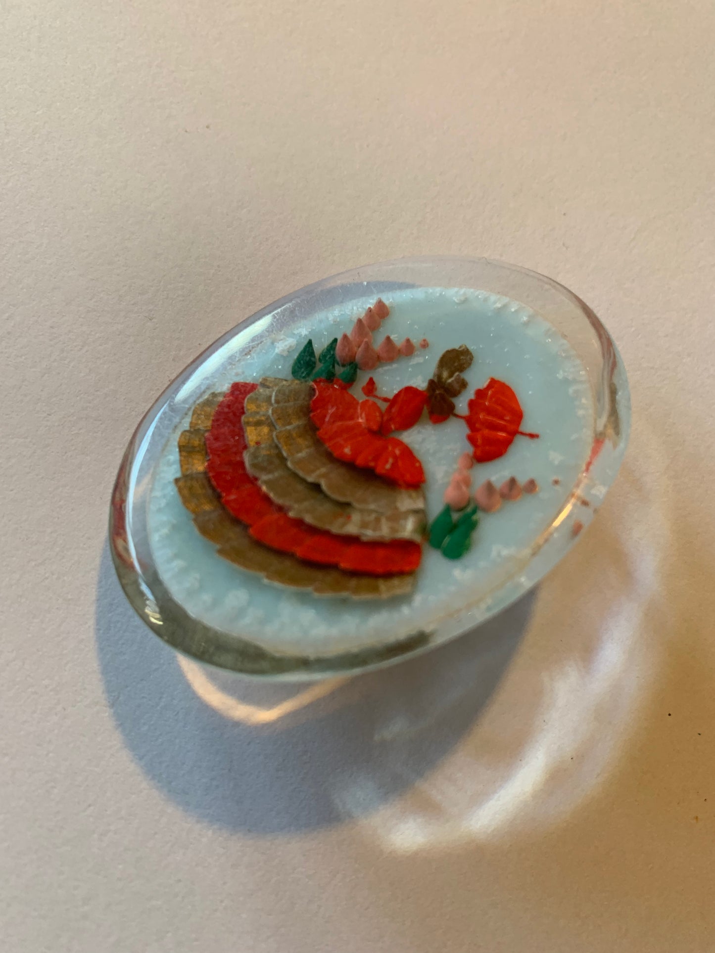 Victorian Lady with Parasol in Hollyhocks Lucite Brooch circa 1940s