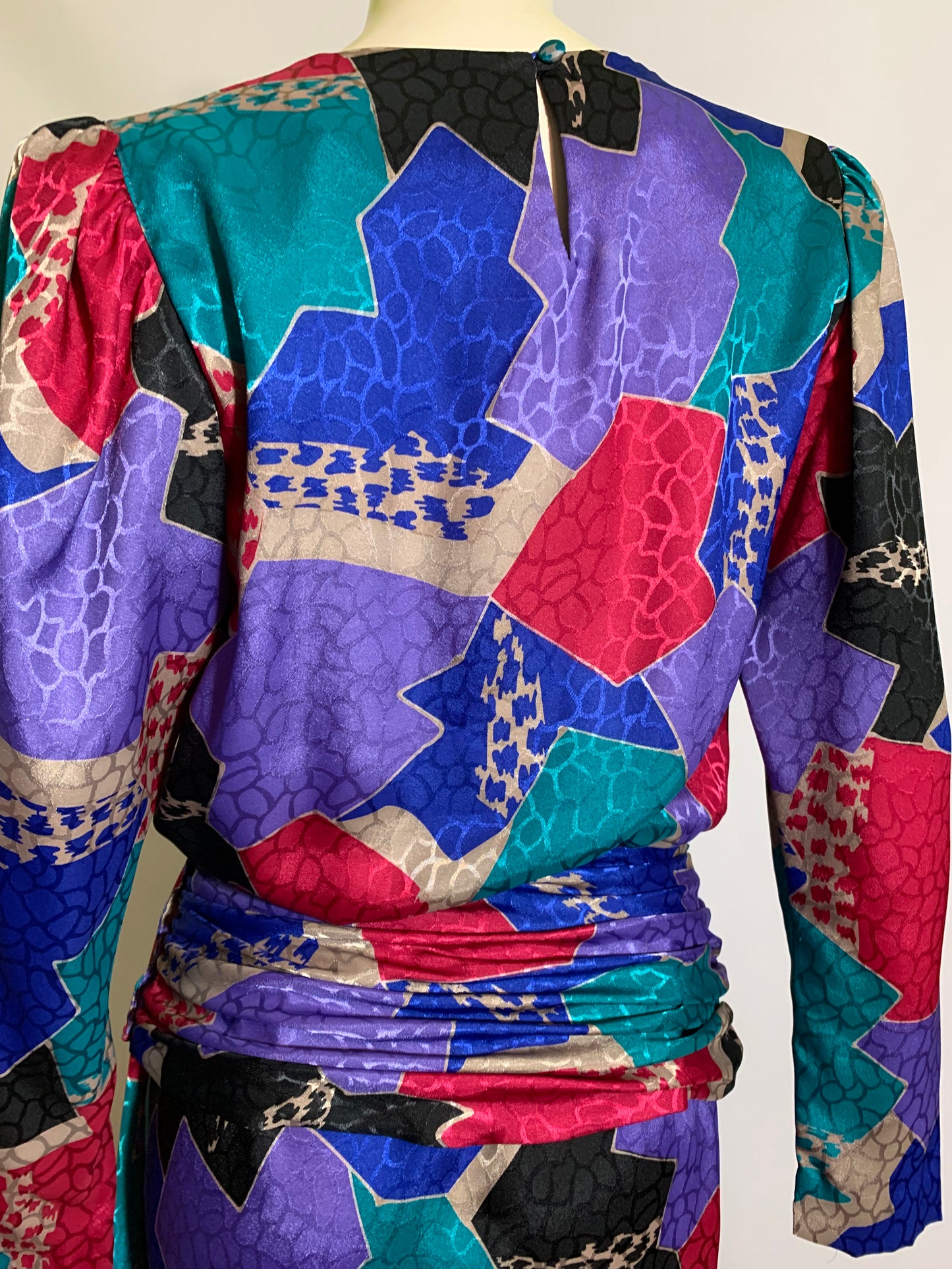 Black and Bright Colors Abstract Print Blouson Bodice Dress circa 1980s