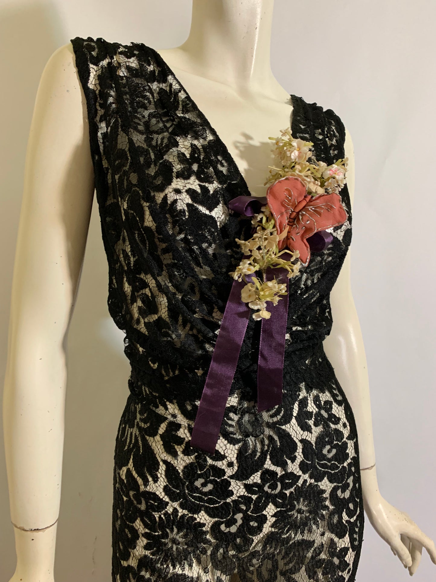 Sultry Black Lace Full Length Evening Dress with Silk Flowers, Butterfly and Ribbon circa 1930s