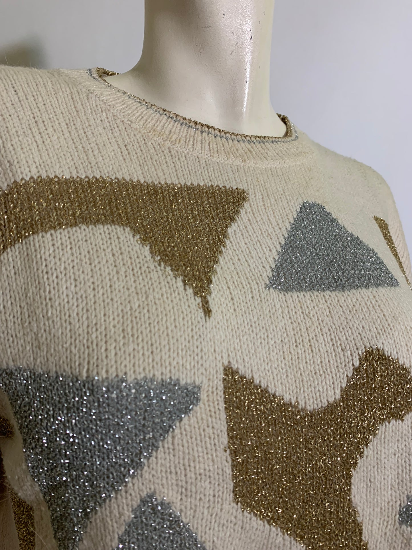 Angora Blend Sweater with Gold and Silver Metallic Geometric Design circa 1980s