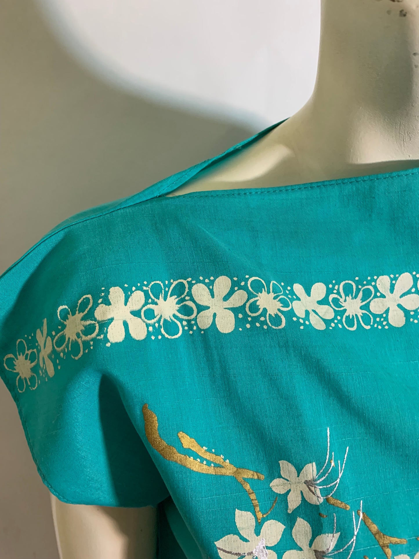 Crisp Aqua Blue Boxy Cut Blouse with Screen Print Florals circa 1960s
