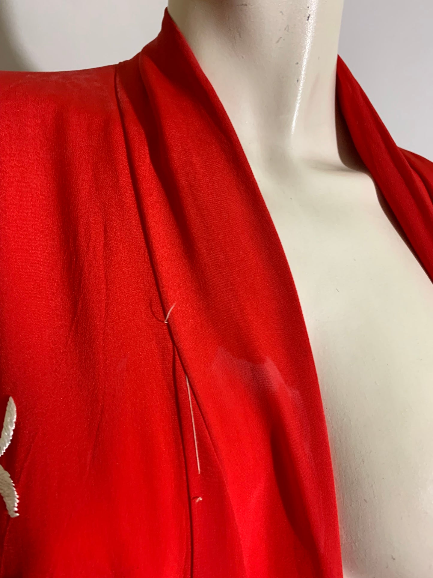 Red Rayon Kimono with White Flowers and Birds Embroidery circa 1970s