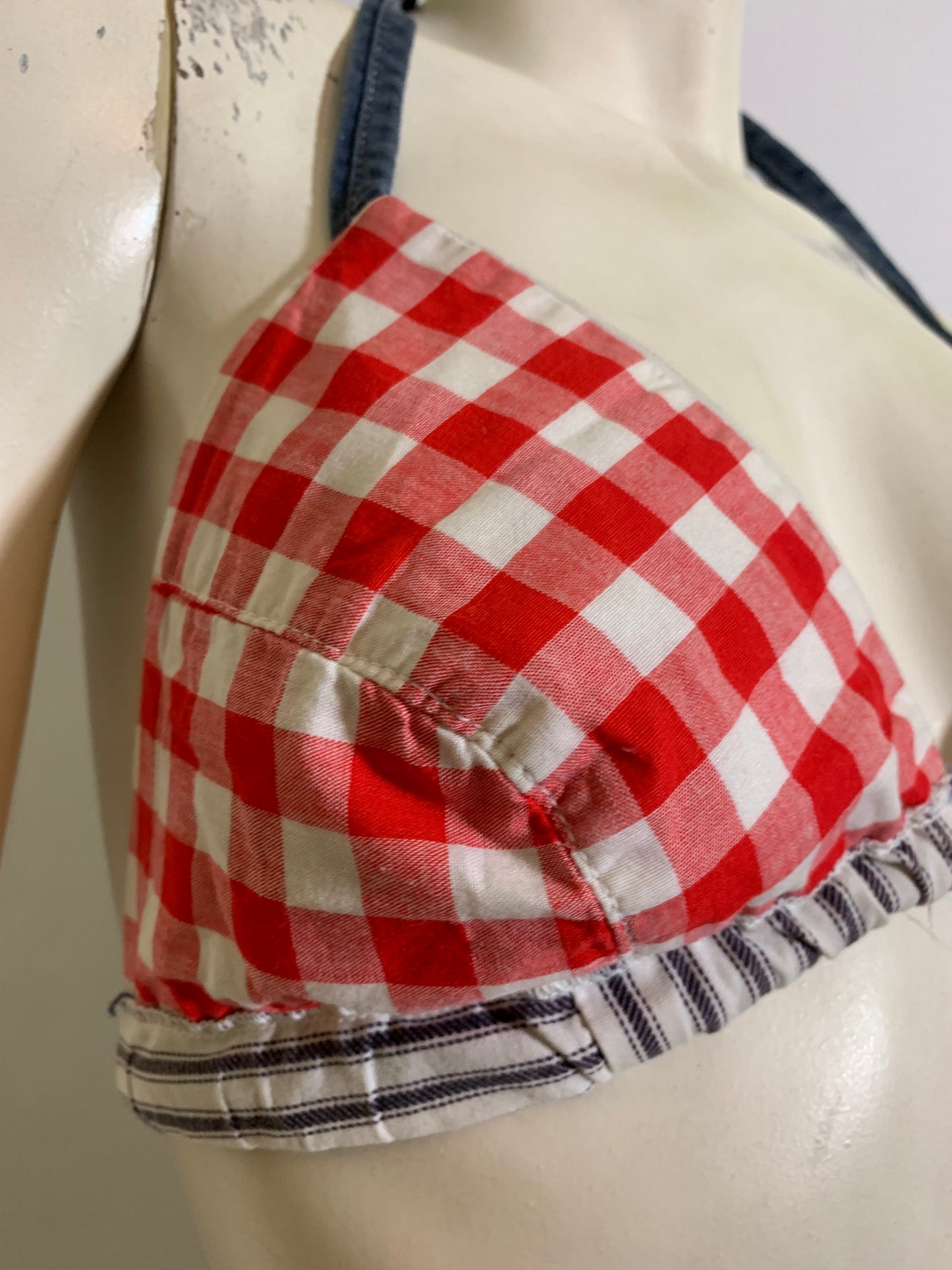 Ticking Striped Bikini Top with Red Gingham Reverse circa 1970s