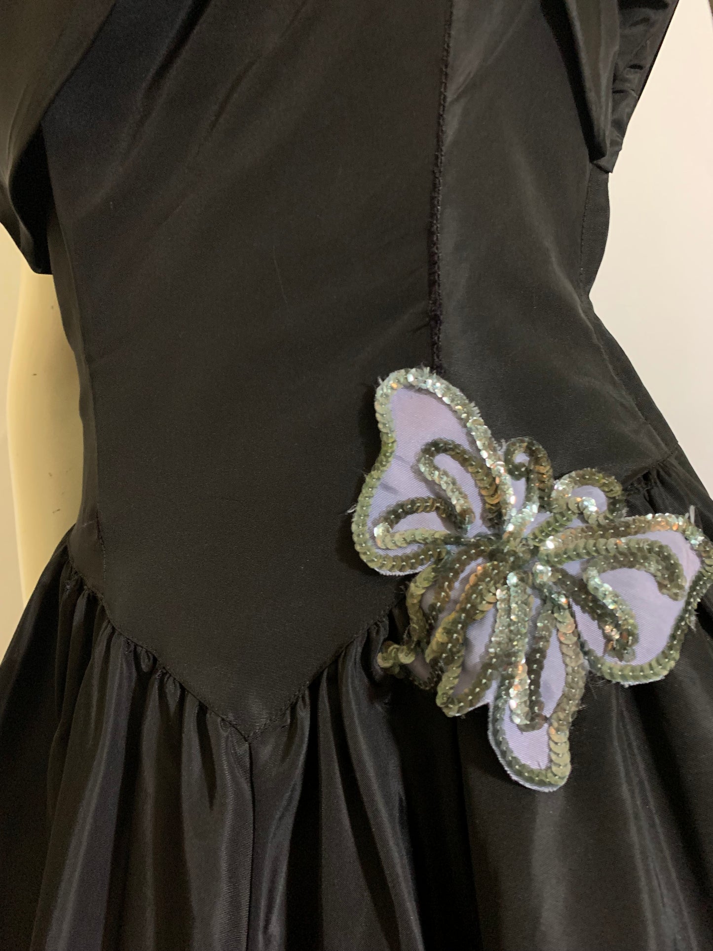 One Shoulder Black Taffeta Dress with Pale Blue Sequined Butterflies and Bow Back circa 1940s