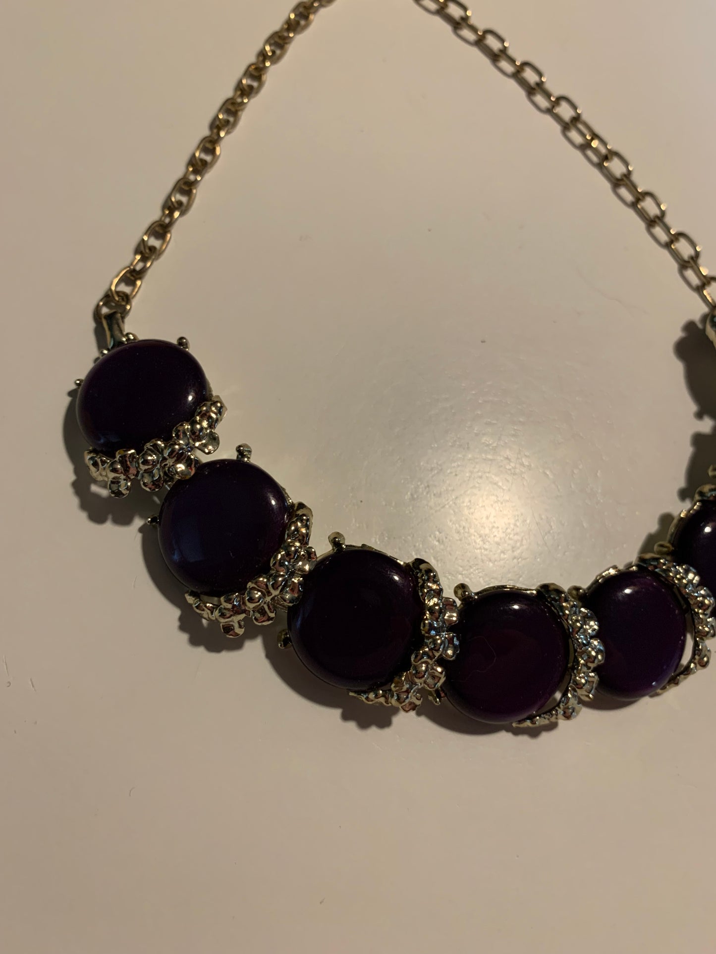 Purple Thermoset Plastic Disc Necklace with Rhinestones circa 1960s