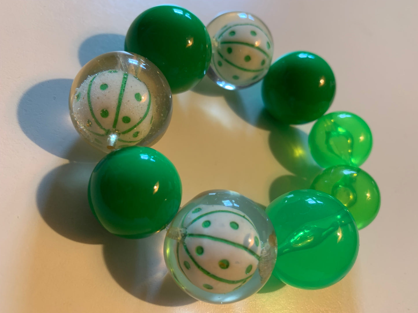 Funky Green and White Lucite Bead Stretch Bracelet circa 1970s