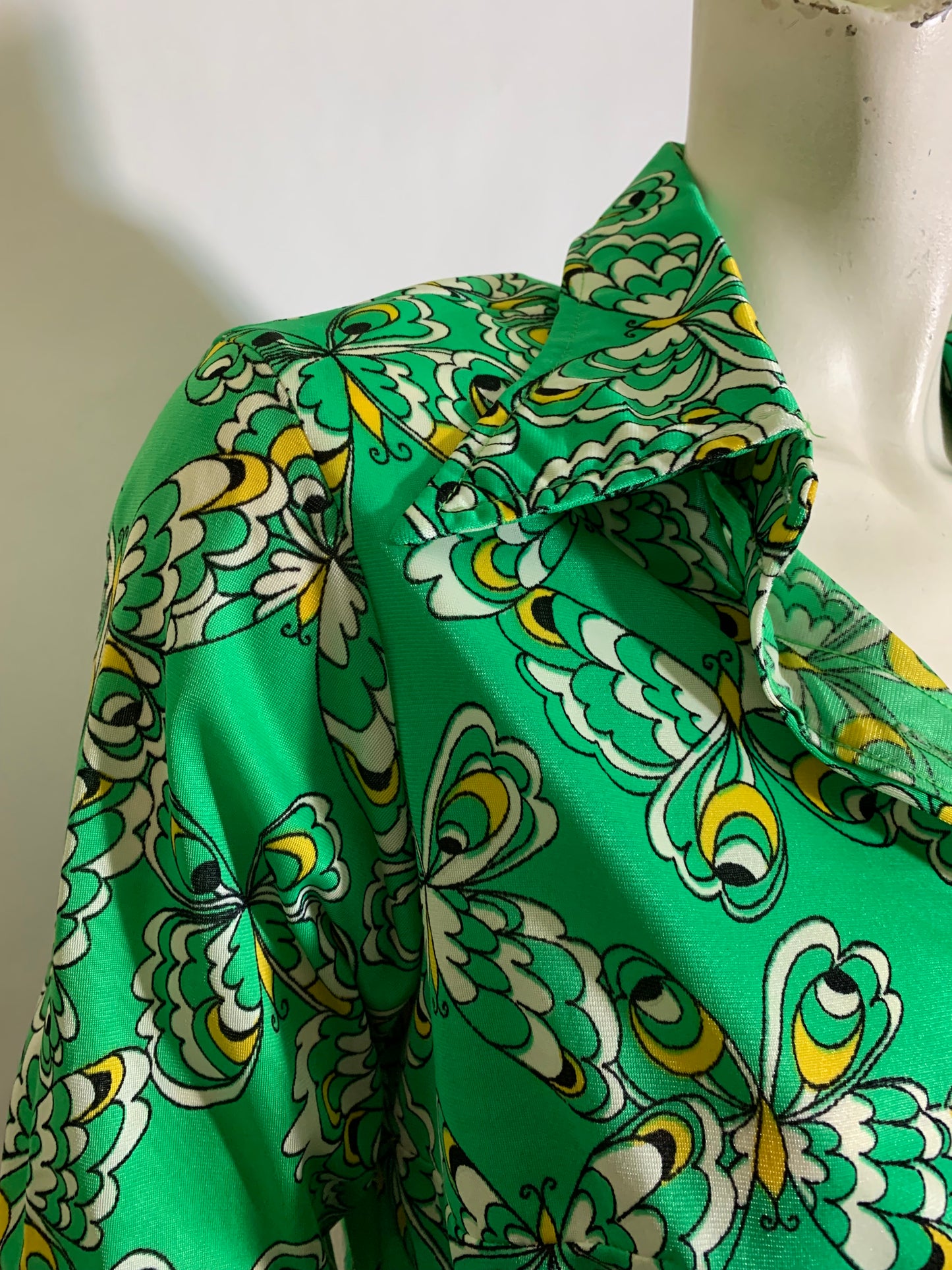 Green and Yellow Butterfly Print Jersey Poly Blouse Dagger Collar circa 1970s
