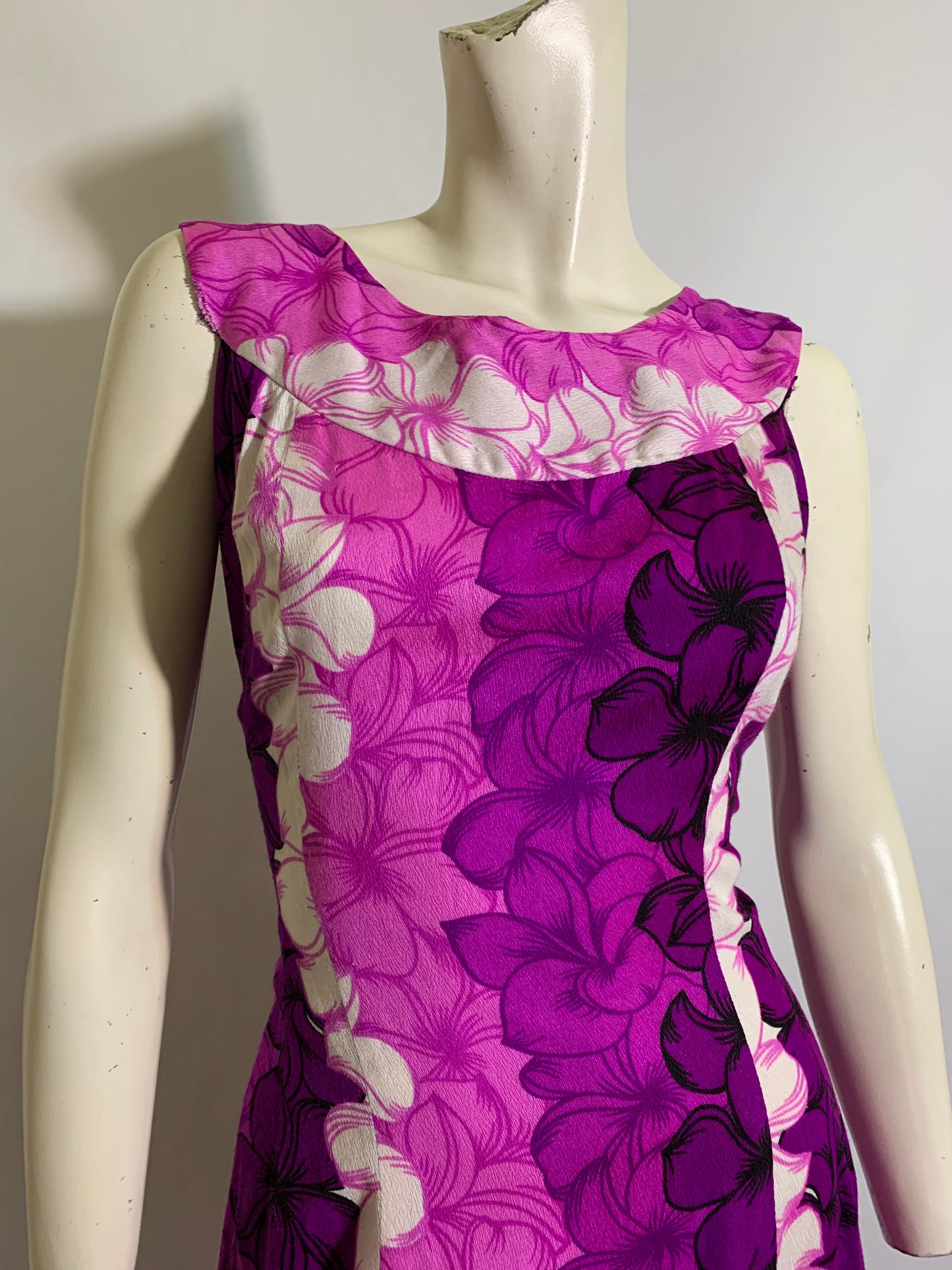 Purple and Pink Plumeria Print Hawaiian Maxi Dress with Watteau Train circa 1980s