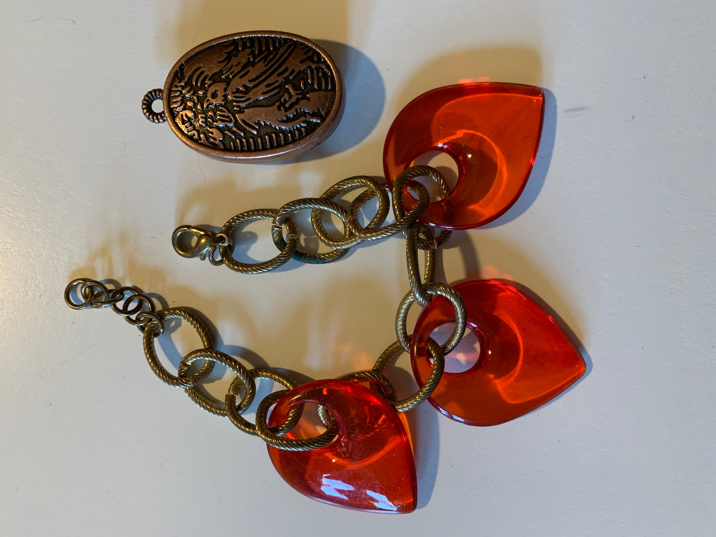Chunky Charm Style Bracelet with Orange Dangles and Topaz Colored Bird Pendant Lot circa 1990s
