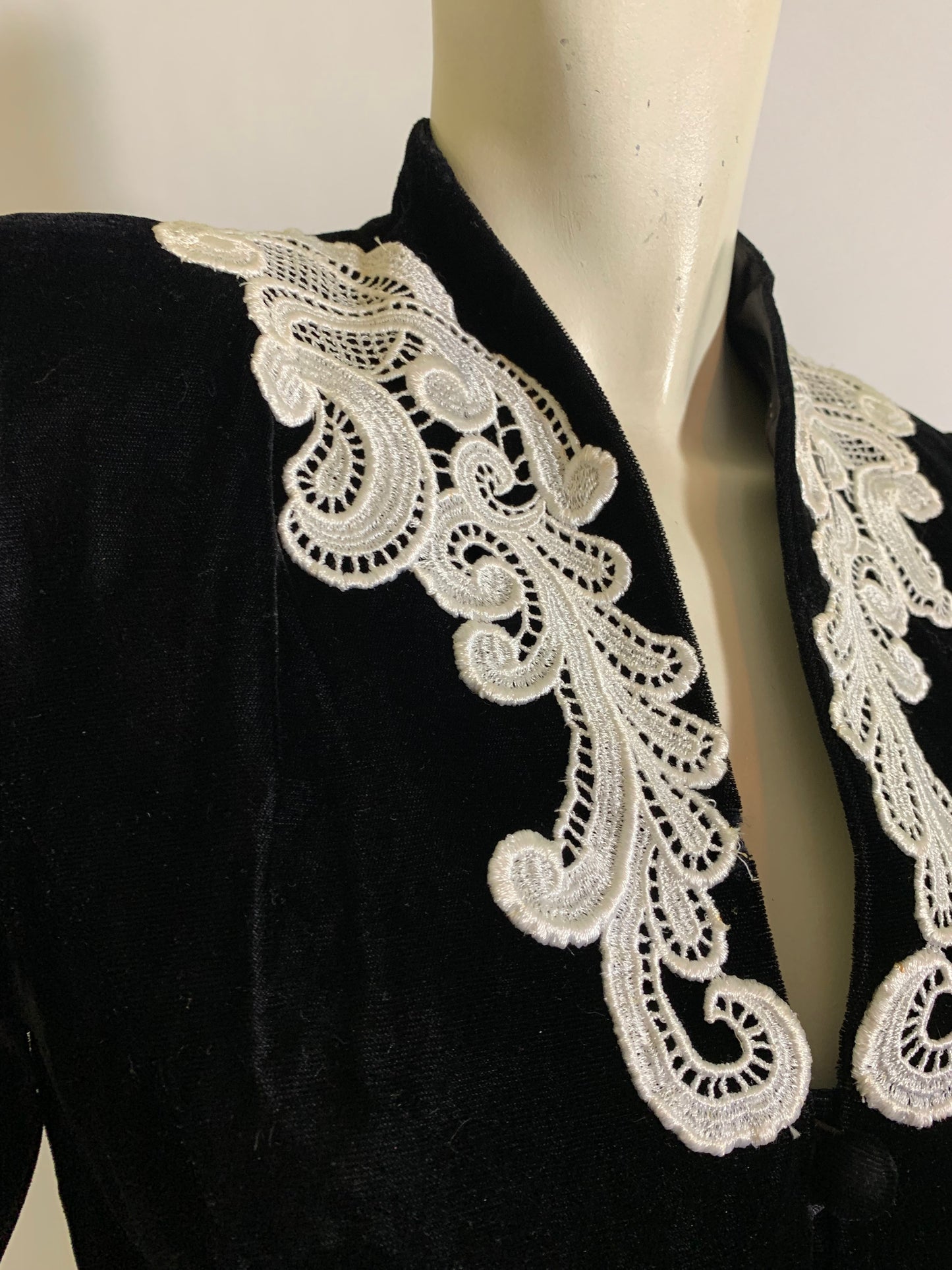 Noir Diva Black Velvet Nipped Waist Jacket with Lace Trim circa 1980s