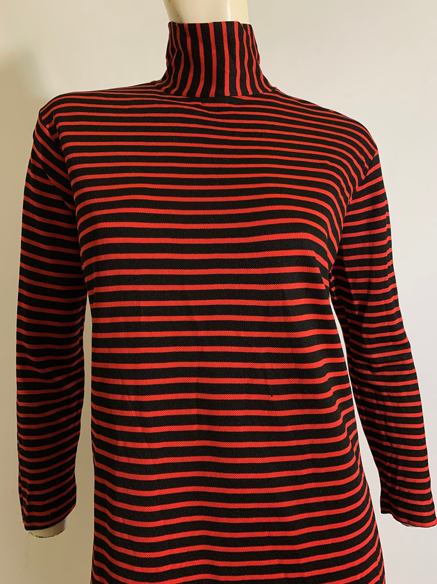 Red and Black Striped Poly Knit Long Sleeved Shirt Dress circa 1970s