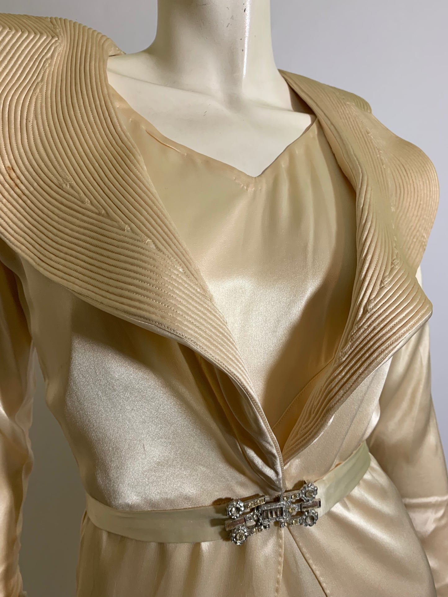 Art Deco Ivory Silk Wedding Dress with Long Train Jacket and Rhinestone Belt circa 1930s