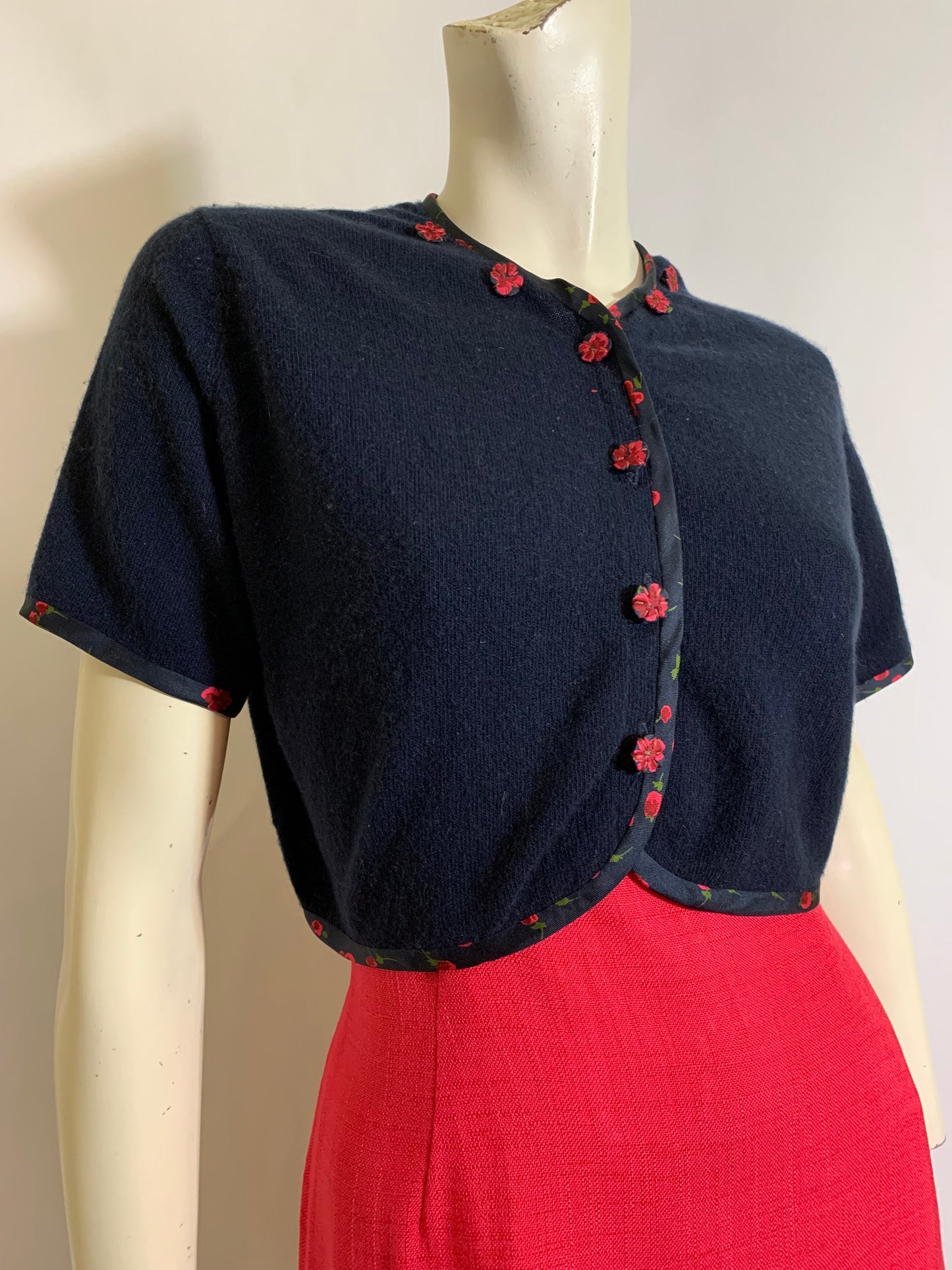 Peony Pink Linen Look 3 Pc Dress Set with Sweater circa 1960s