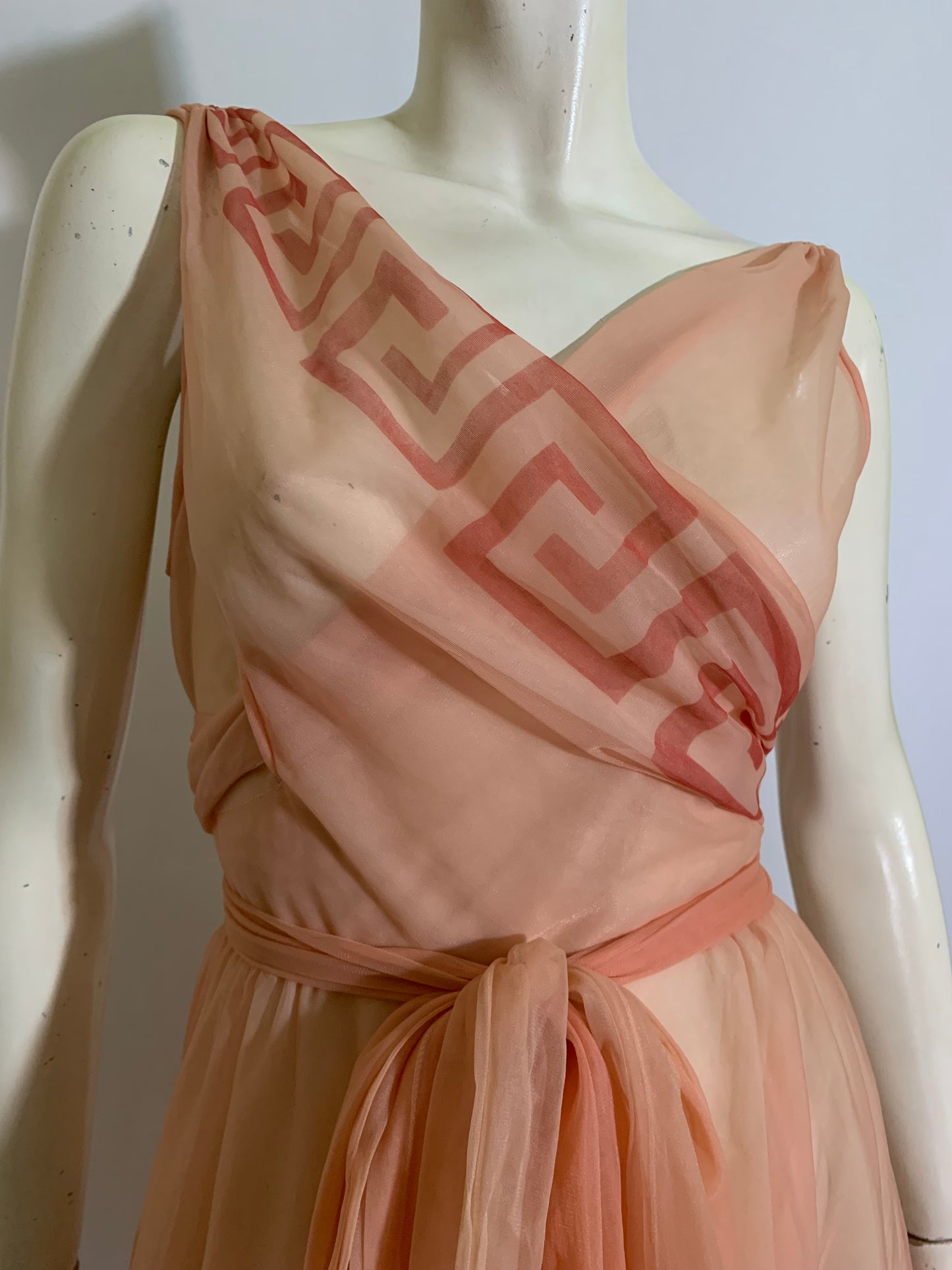 Rare Peach Chiffon Nightie with Greek Key Design circa 1950s