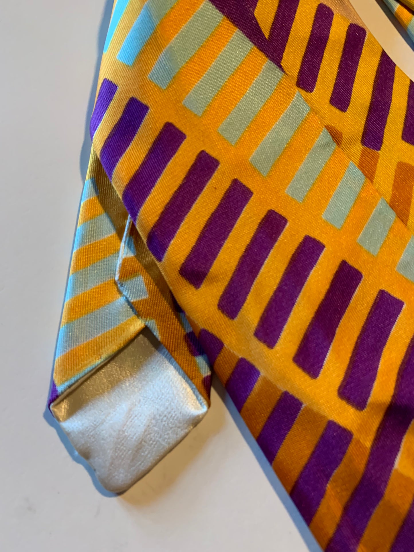 Dandy Worthy Purple, Orange and Yellow Geometric Design Silk Tie circa 1940s