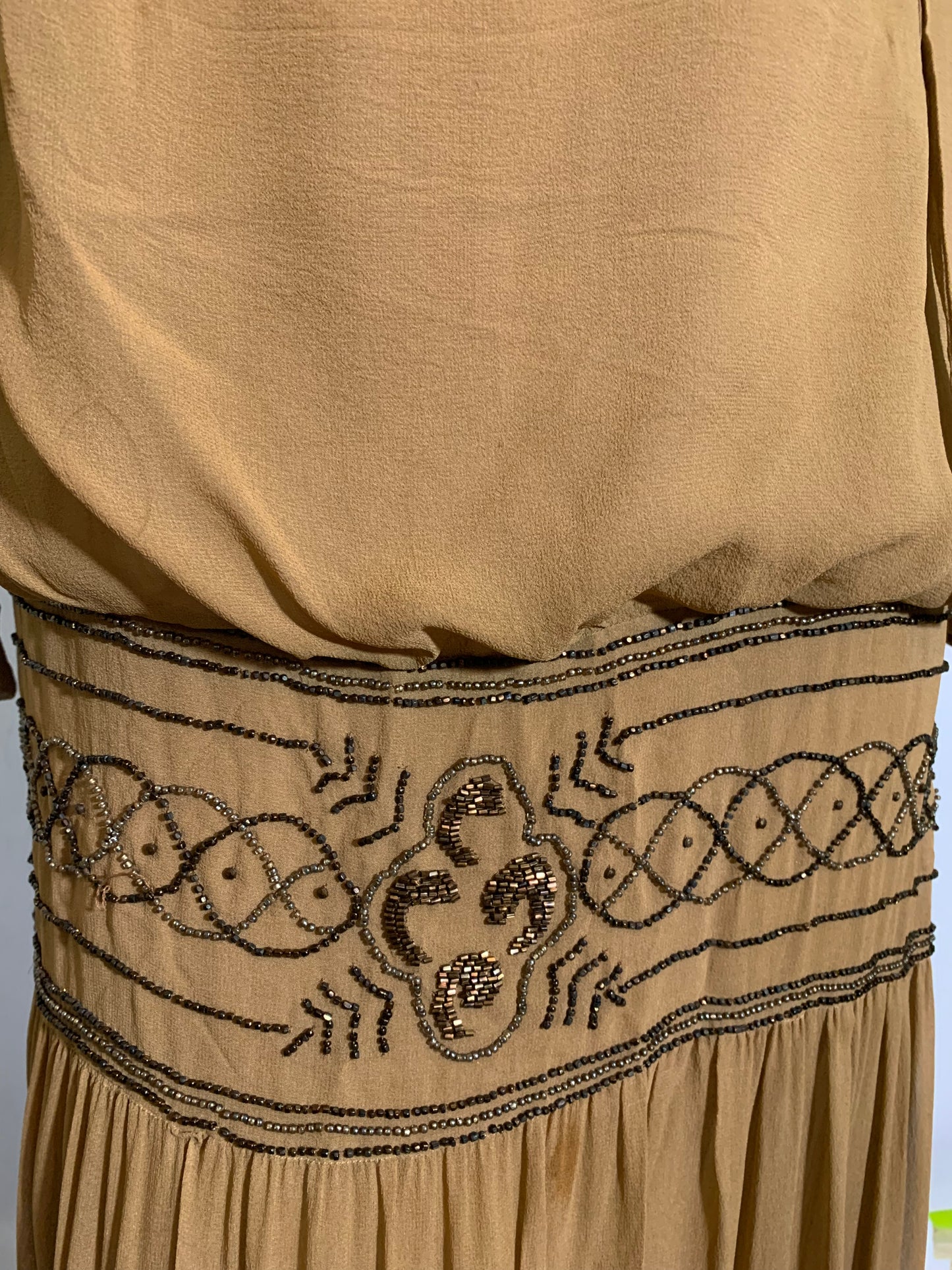 Cinnamon Silk Blouson Dropped Waist Beaded Dress circa 1920s