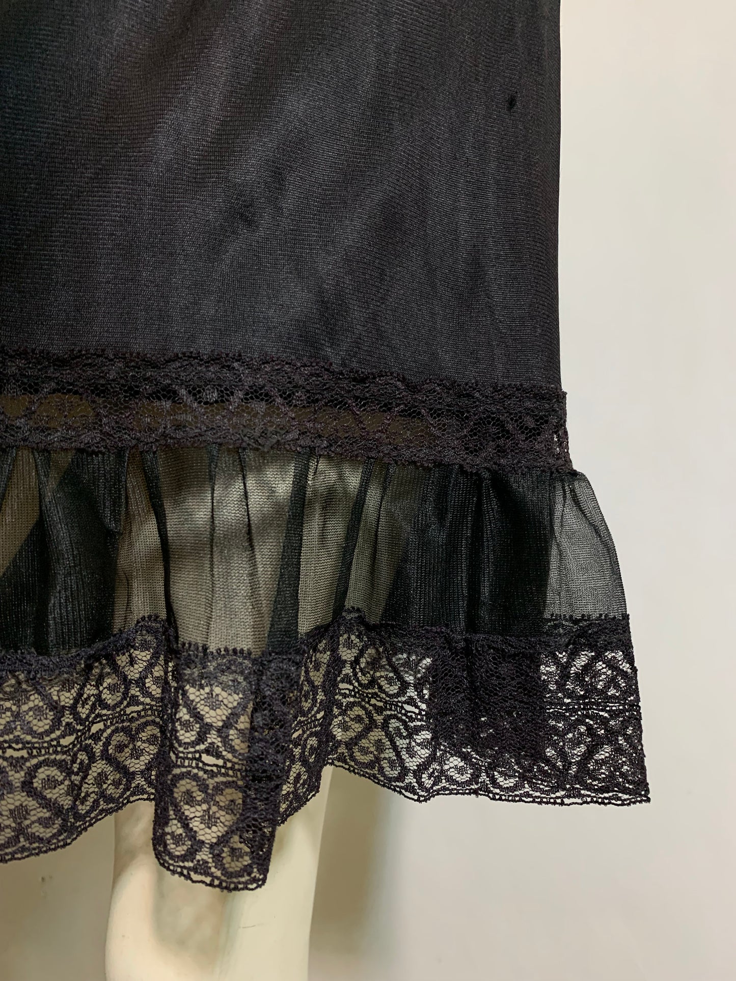 Jet Black Nylon Mini Slip with Ruffled Front Lace Hem circa 1960s