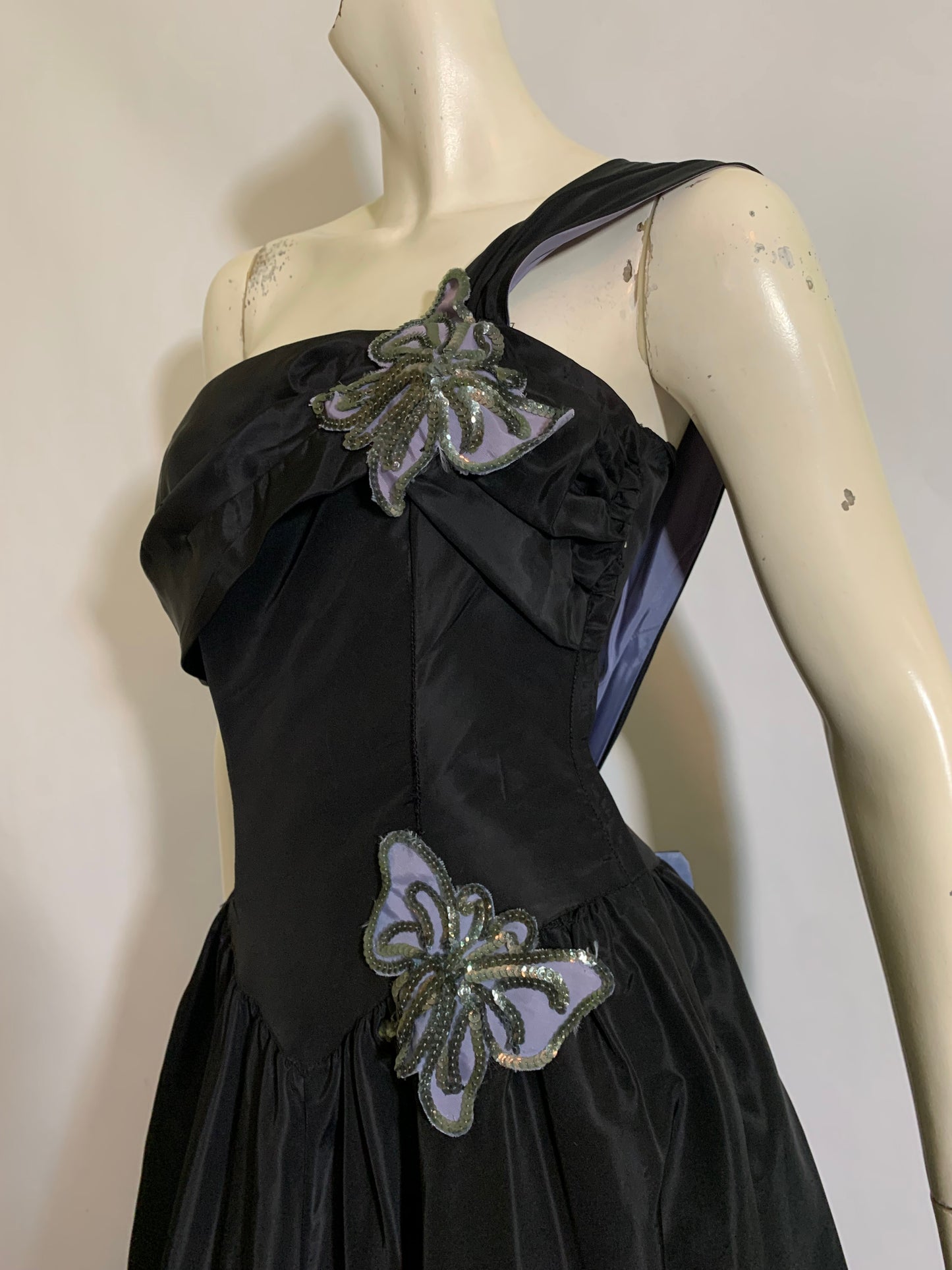 One Shoulder Black Taffeta Dress with Pale Blue Sequined Butterflies and Bow Back circa 1940s