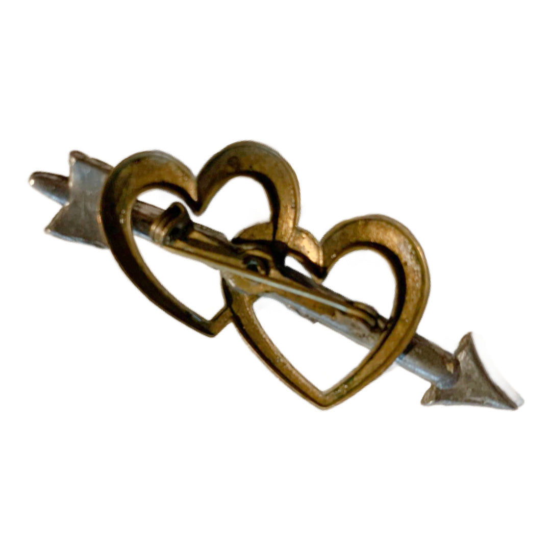 Two Hearts Gold and Silver Tone and Rhinestone Brooch circa 1940s