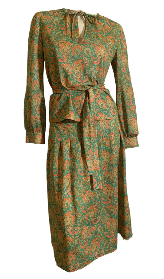 Jade Green and Tangerine Paisley 2 pc Dress circa 1970s