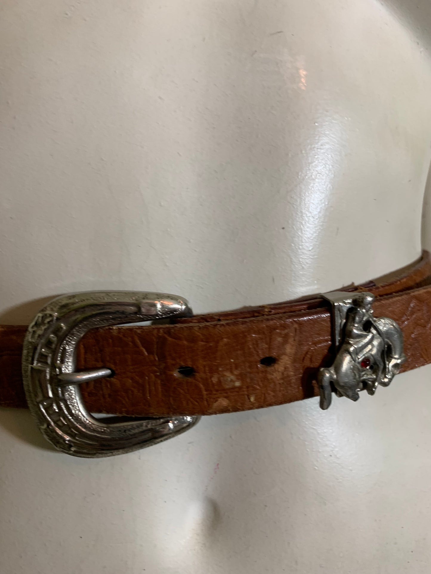 Iconic Tooled Western Leather Belt with Red Rhinestone on Cowboy with Horse circa 1950s