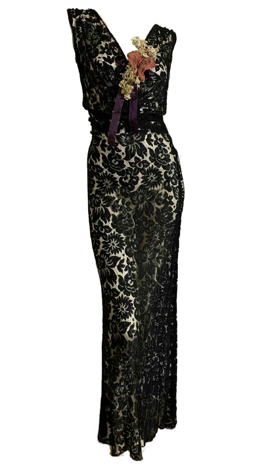 Sultry Black Lace Full Length Evening Dress with Silk Flowers, Butterfly and Ribbon circa 1930s