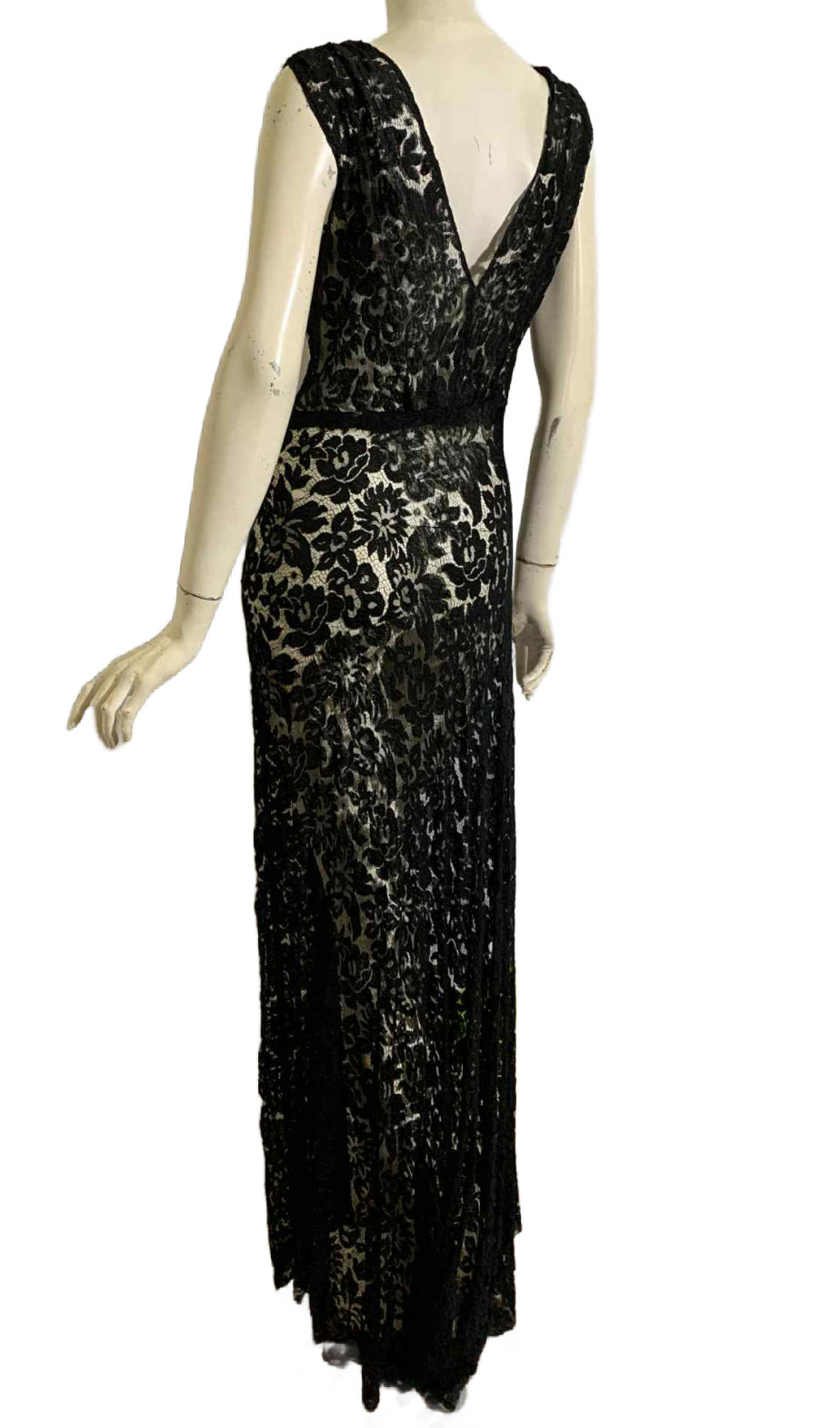 Sultry Black Lace Full Length Evening Dress with Silk Flowers, Butterfly and Ribbon circa 1930s