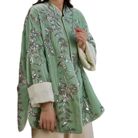 Tracey- the Soft Green Velvet Sequined Evening Jacket