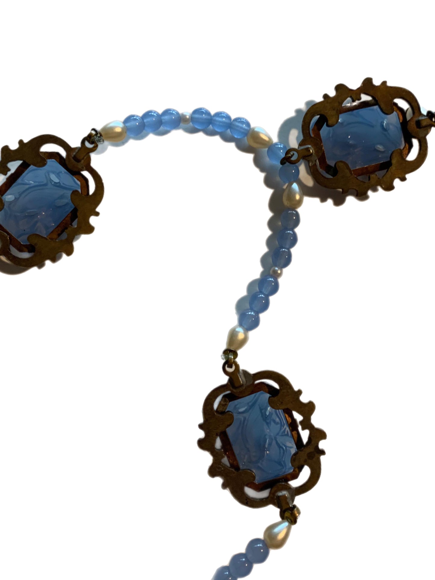 Nouveau Blue Bird Moulded Glass and Seed Pearl Necklace circa 1920s