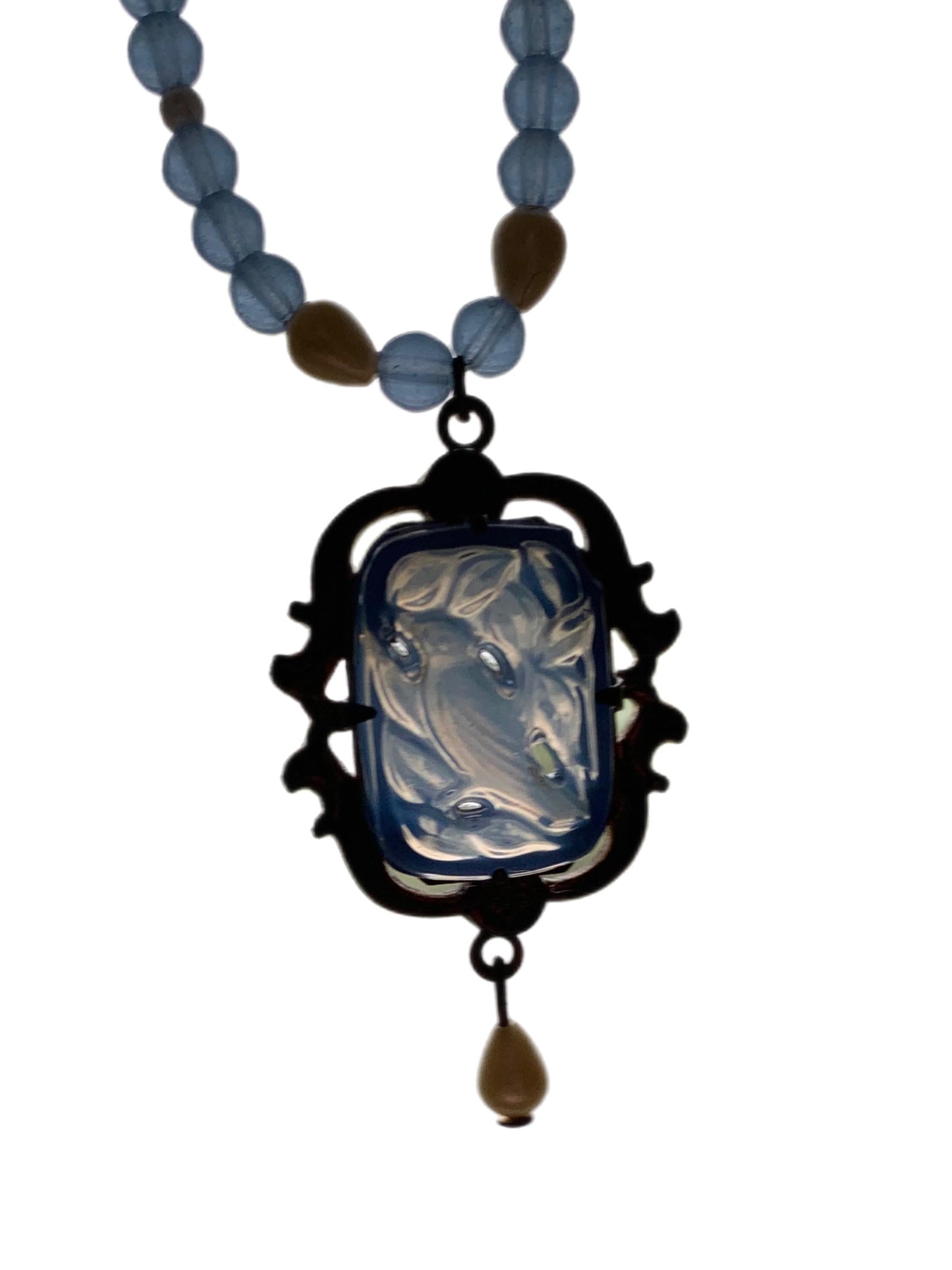 Nouveau Blue Bird Moulded Glass and Seed Pearl Necklace circa 1920s