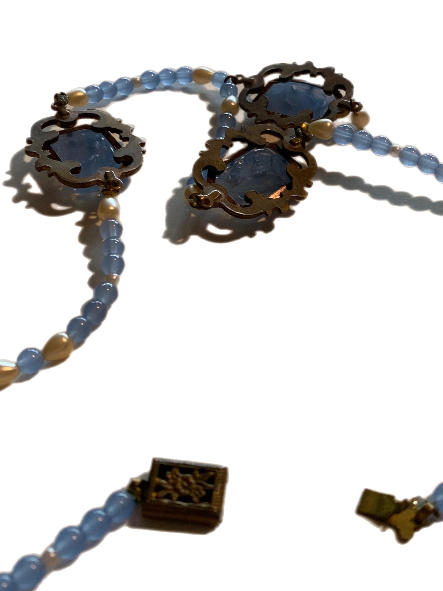 Nouveau Blue Bird Moulded Glass and Seed Pearl Necklace circa 1920s