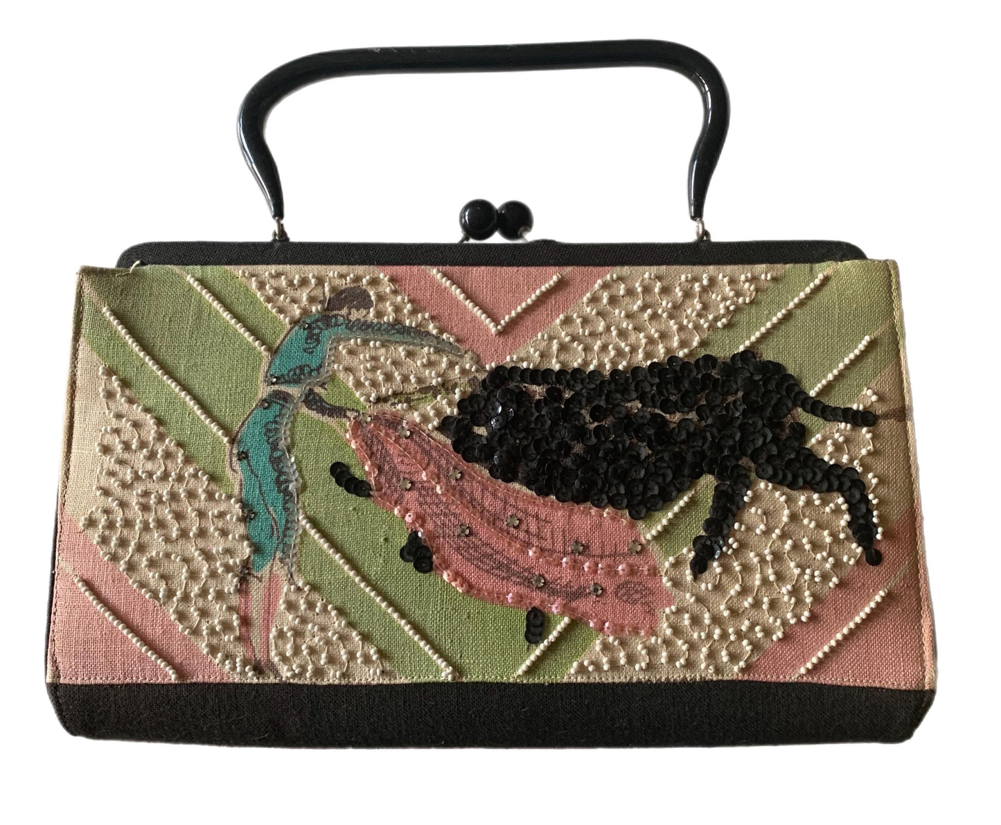 Rare Bullfighter Pink Green and Black Bullfighter "Tea Towel" Handbag circa 1950s