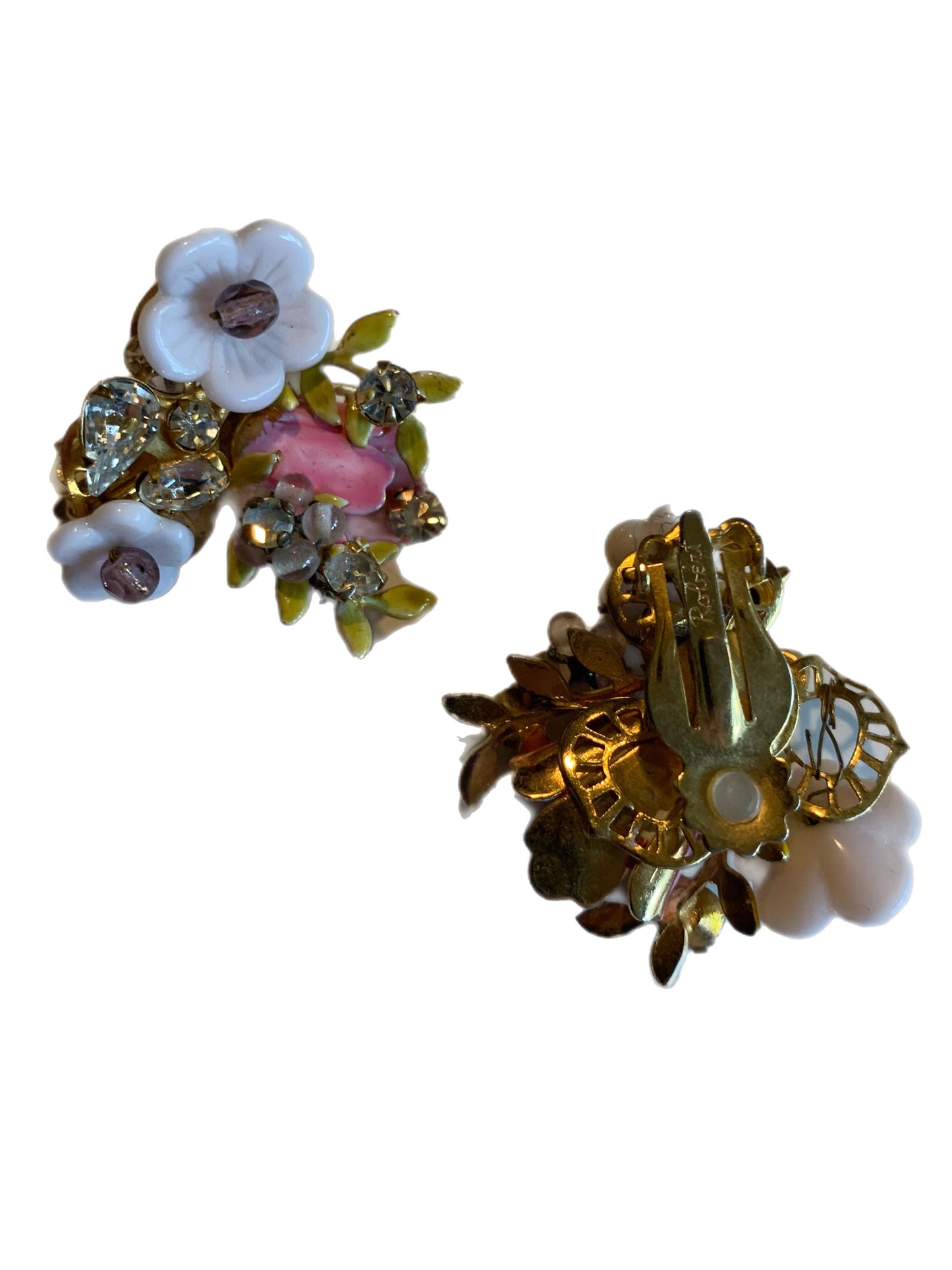 Milk Glass and Rhinestones Pastel Floral Cluster Clip Earrings circa 1950s