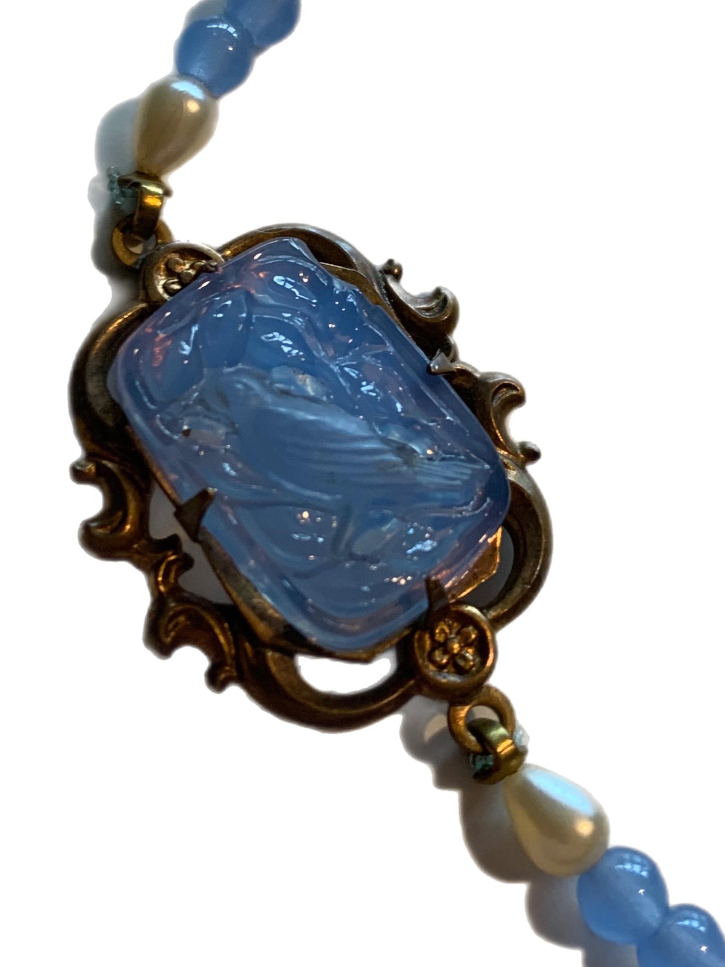 Nouveau Blue Bird Moulded Glass and Seed Pearl Necklace circa 1920s