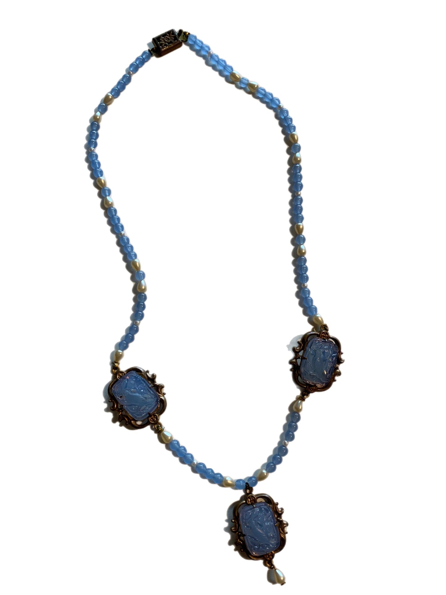 Nouveau Blue Bird Moulded Glass and Seed Pearl Necklace circa 1920s