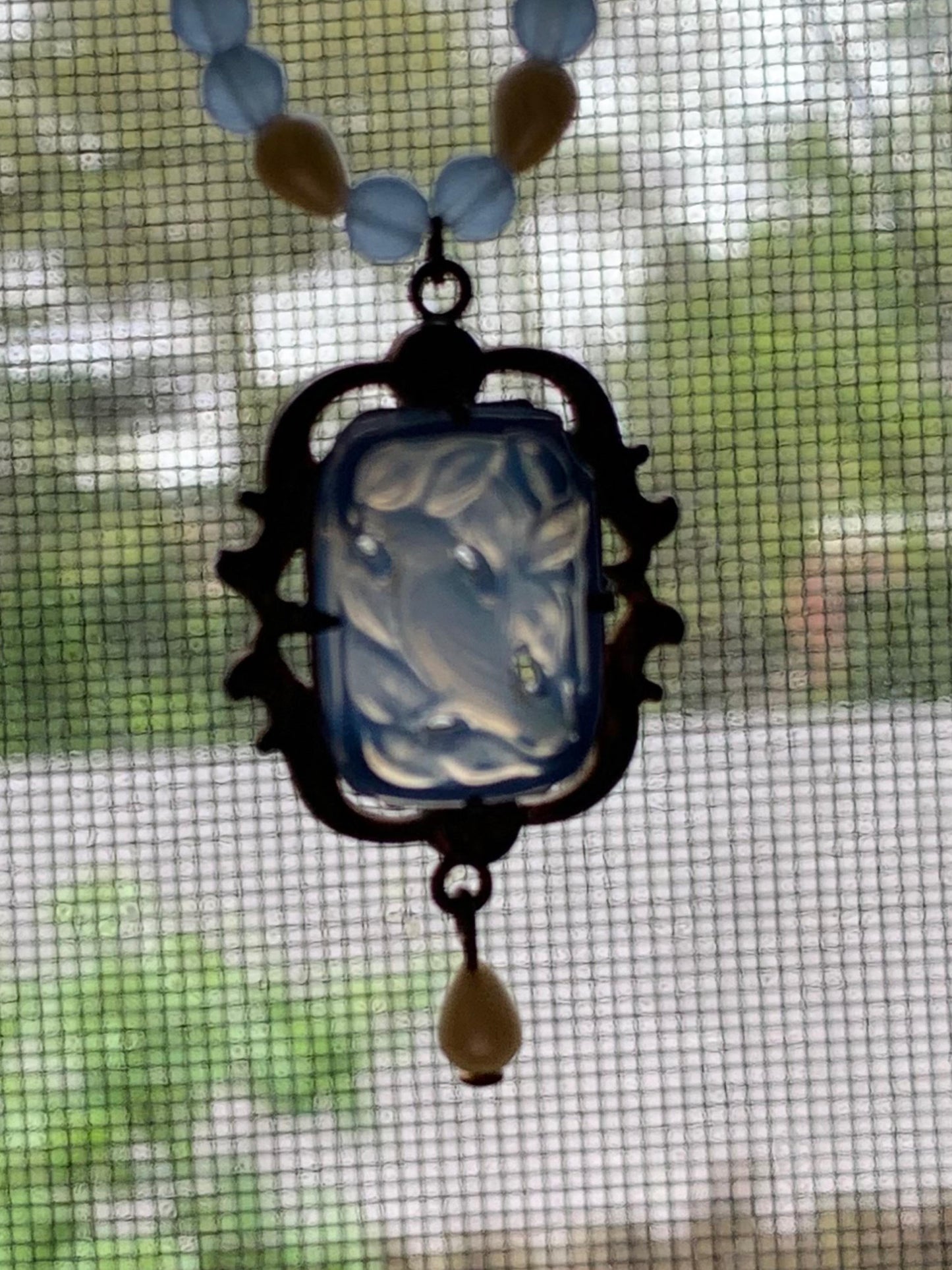 Nouveau Blue Bird Moulded Glass and Seed Pearl Necklace circa 1920s