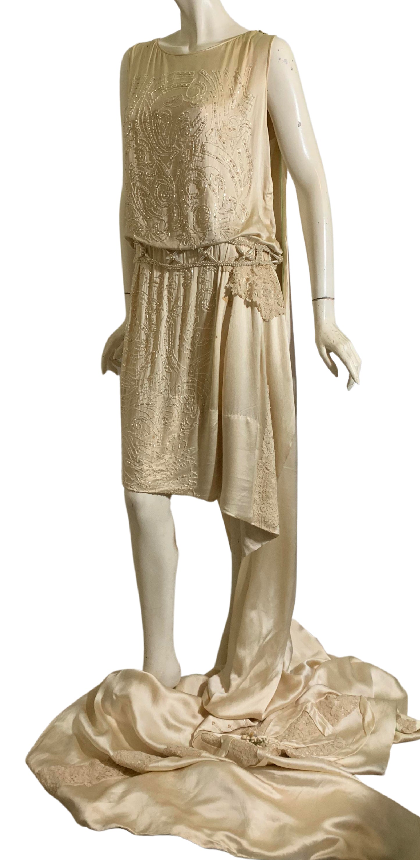 Glamorous Beaded Candlelight Silk Wedding Dress with Court Train, Headpieces, Fan, Shoes and Bible circa 1920s