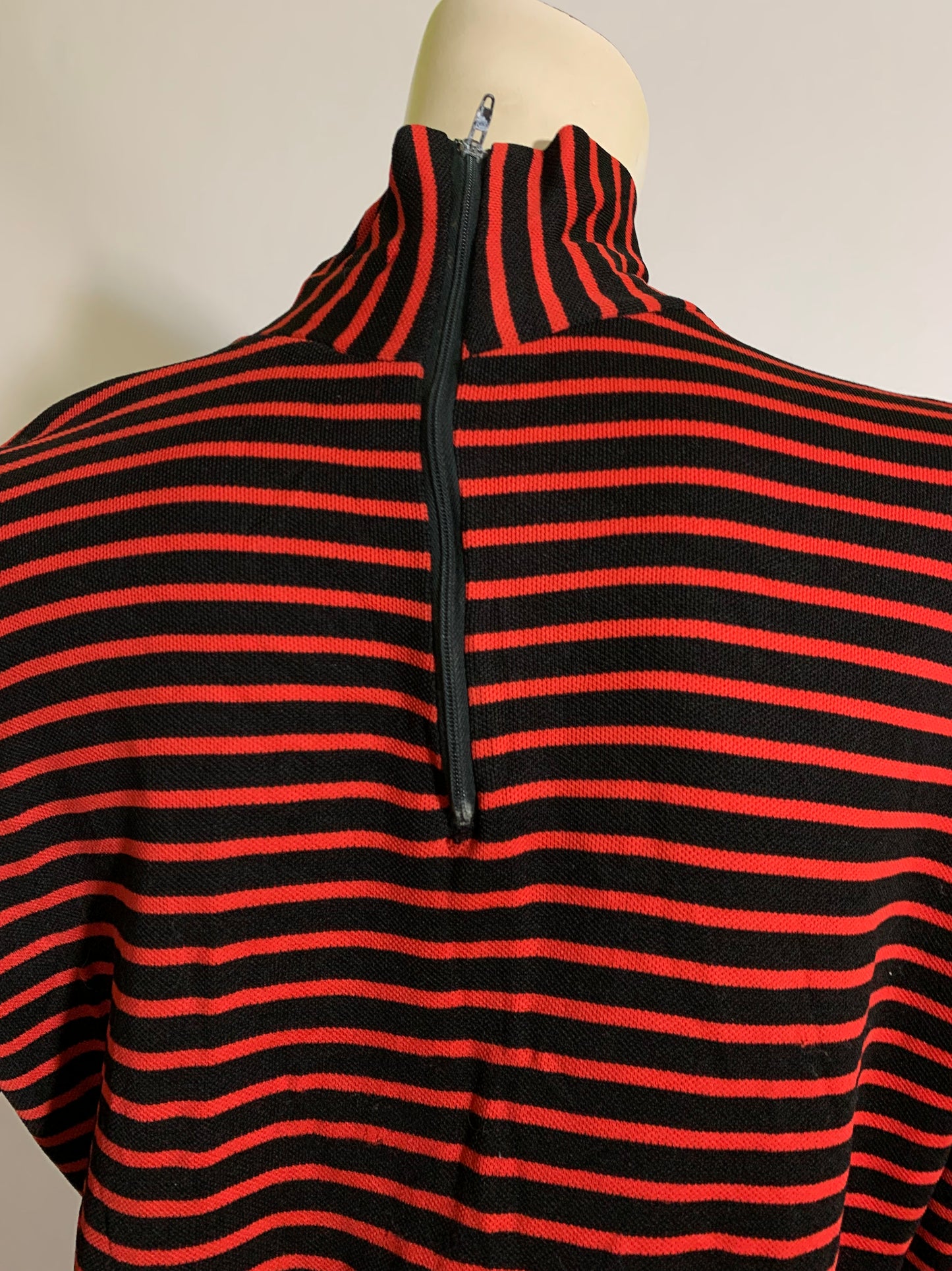 Red and Black Striped Poly Knit Long Sleeved Shirt Dress circa 1970s