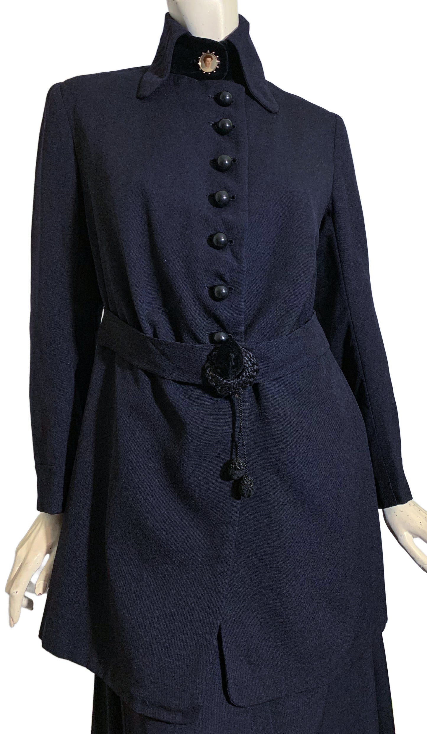 Votes for Women! Deep Blue Wool 2 Pc Walking Suit Dress with Velvet and Silk Accents circa 1910s