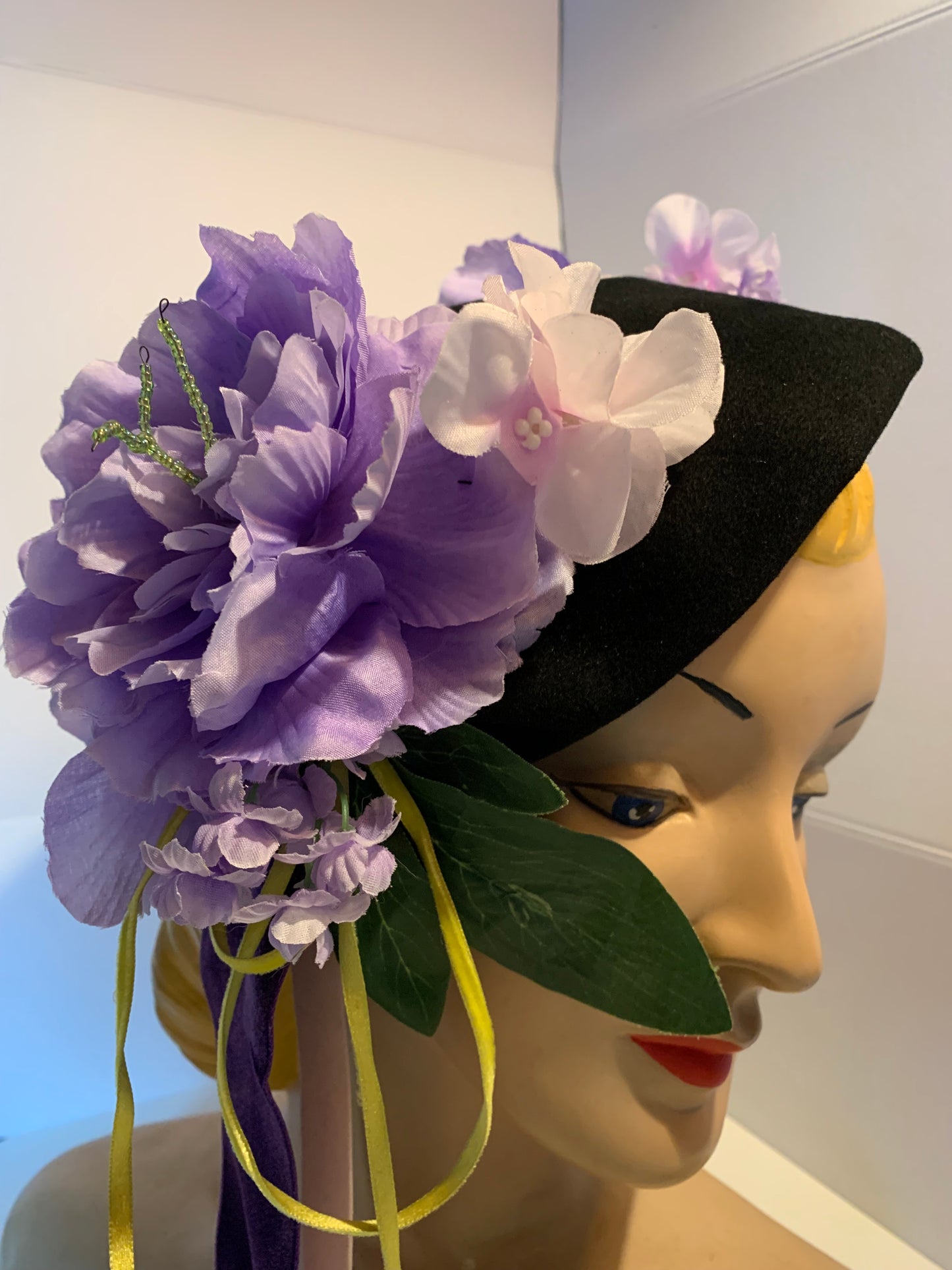 Purple Haze Reimagined Black 1940s Tilt Hat Purple Peonies and Ribbons