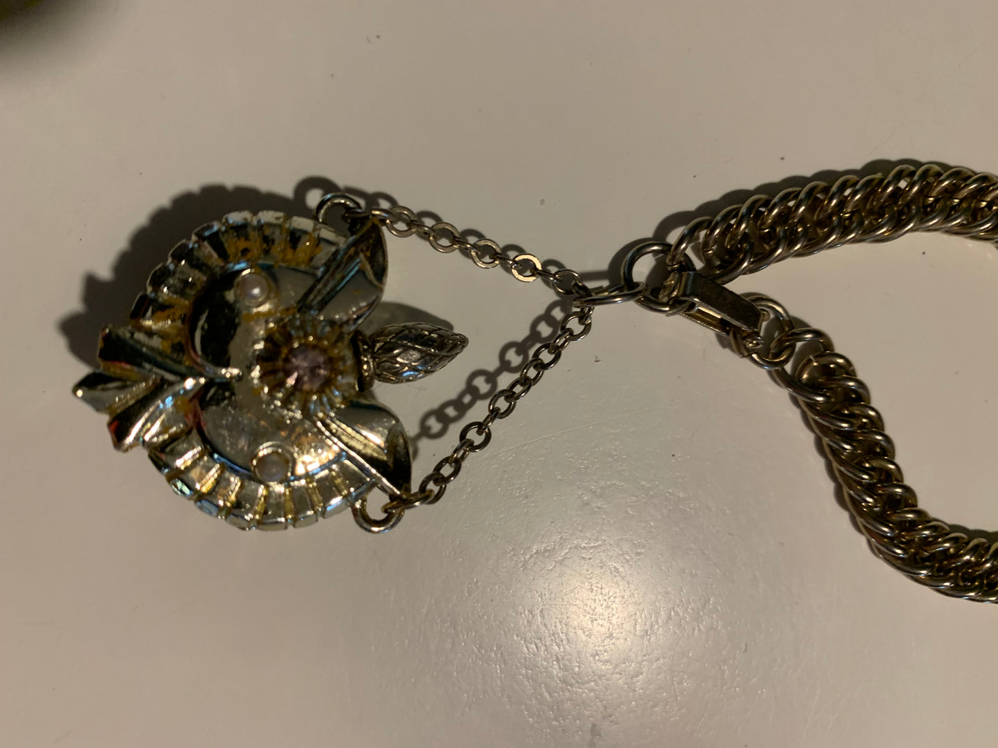 Colored Rhinestone Accented Perfume Bottle Charm on Chain Bracelet circa 1950s