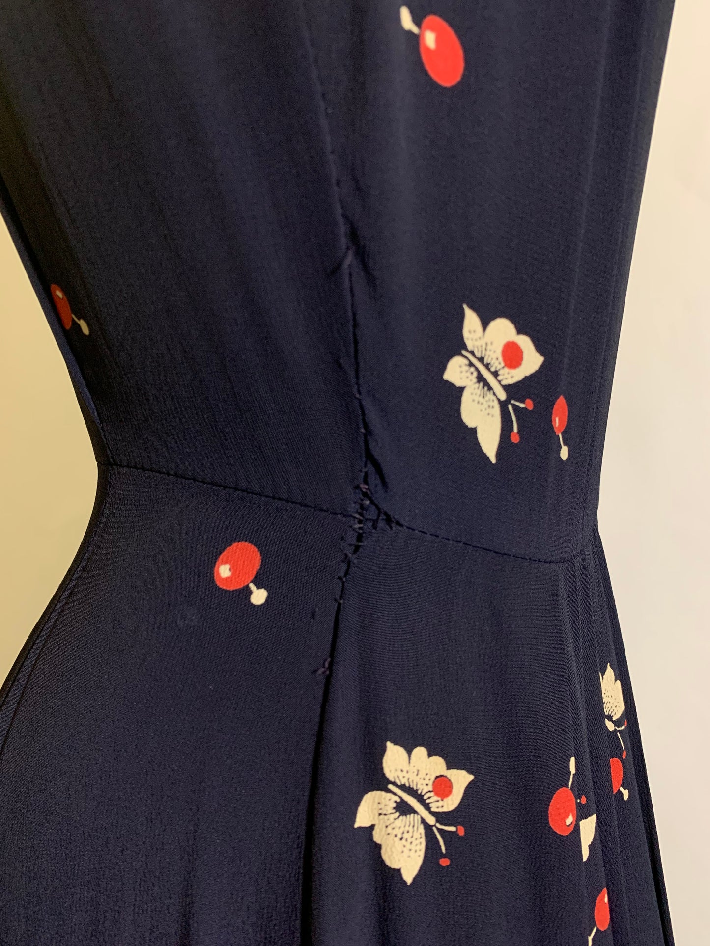 Currants and Butterflies! Deep Blue Rayon Surplice Bodice Dress circa 1940s