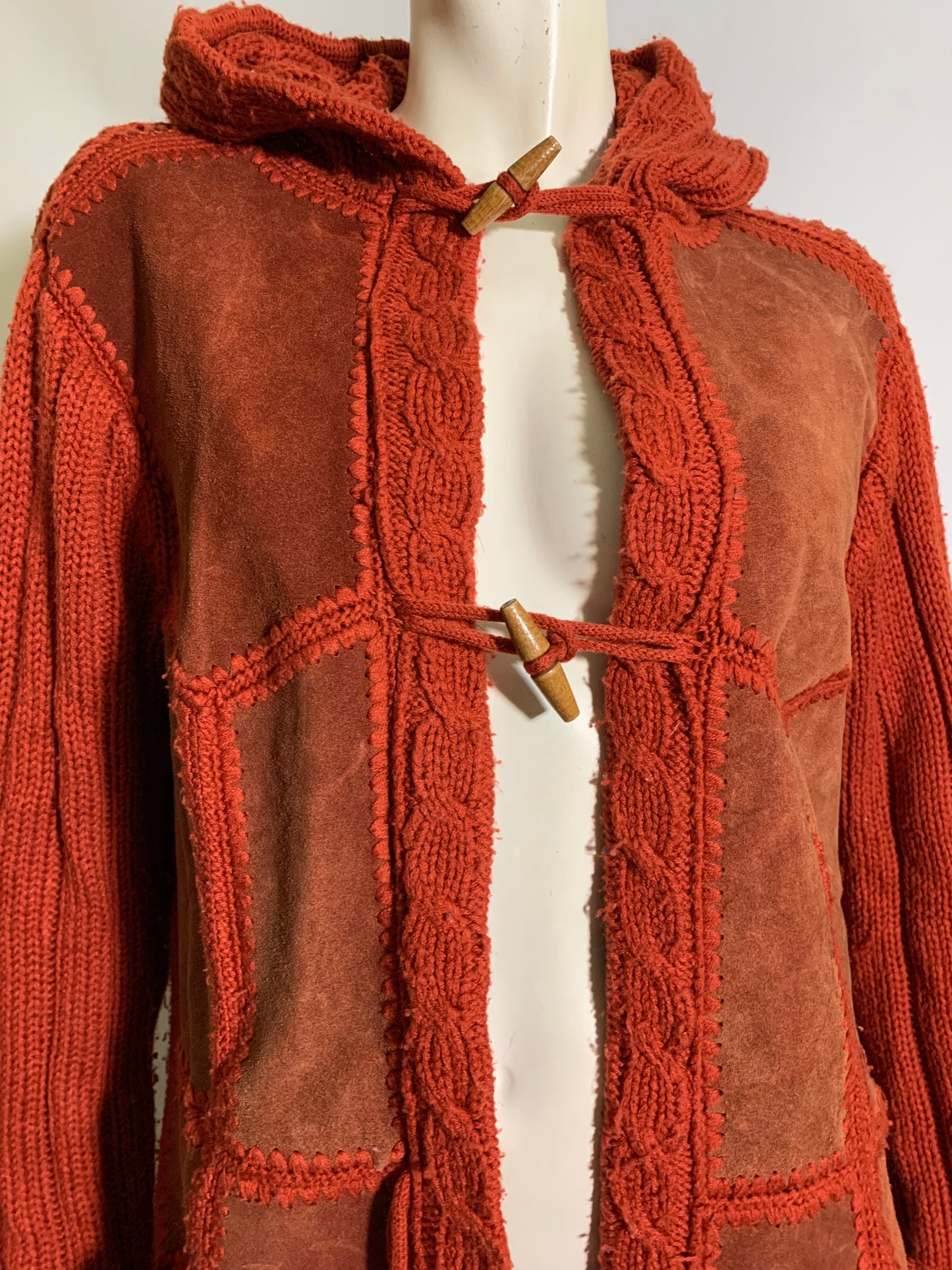 Cinnamon Hooded Sweater with Suede Patchwork Front circa 1970s