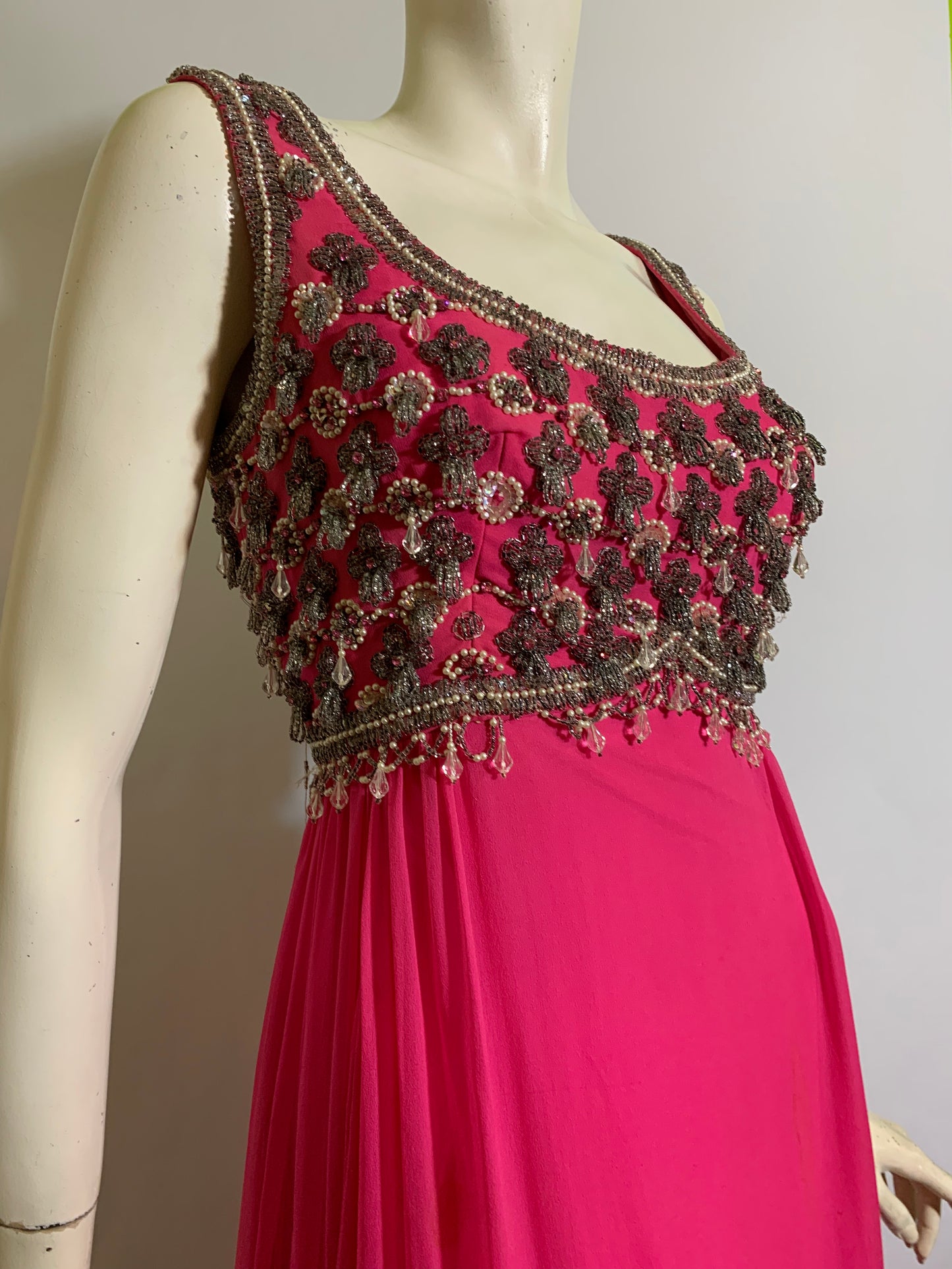 Shocking Pink Empire Waist Beaded Silk Chiffon Dress circa 1960s